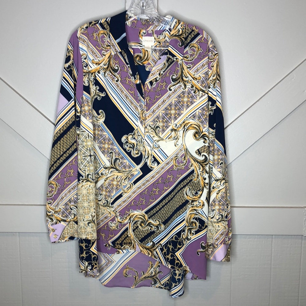 Chico’s XL Women Baroque Print Long Sleeve Popover Tunic High Low Layer Hem Top